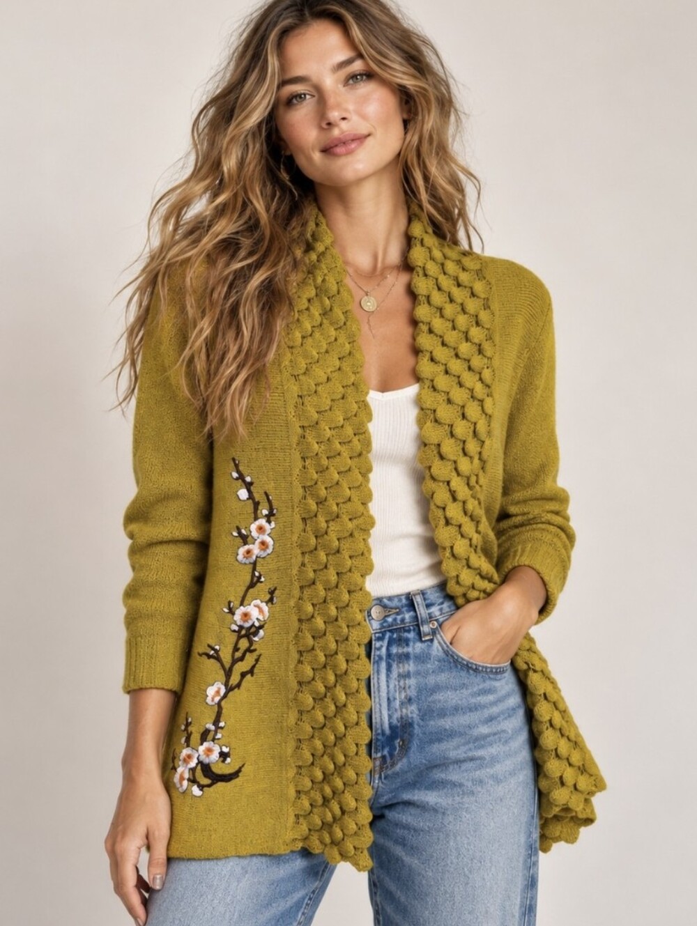 Simply Couture Embroidered Cardigan Chartreuse Green Open Cottagecore Boho Sz S